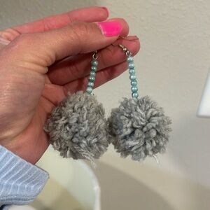 Pom Pom Earrings With Beaded Drop 🩶🩵